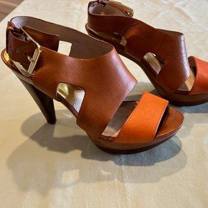 Michael Kors Tan Leather Platform Heels With Orange Strap Size 8.5